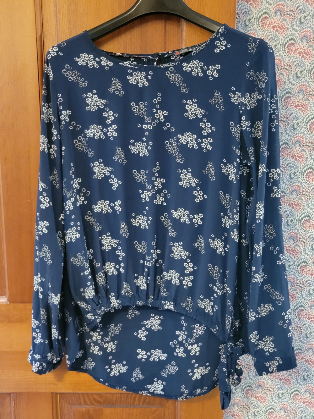 Street One Navy Blue Floral Chiffon Blouse High-Low Smocked Hem Tie Top EUR 38